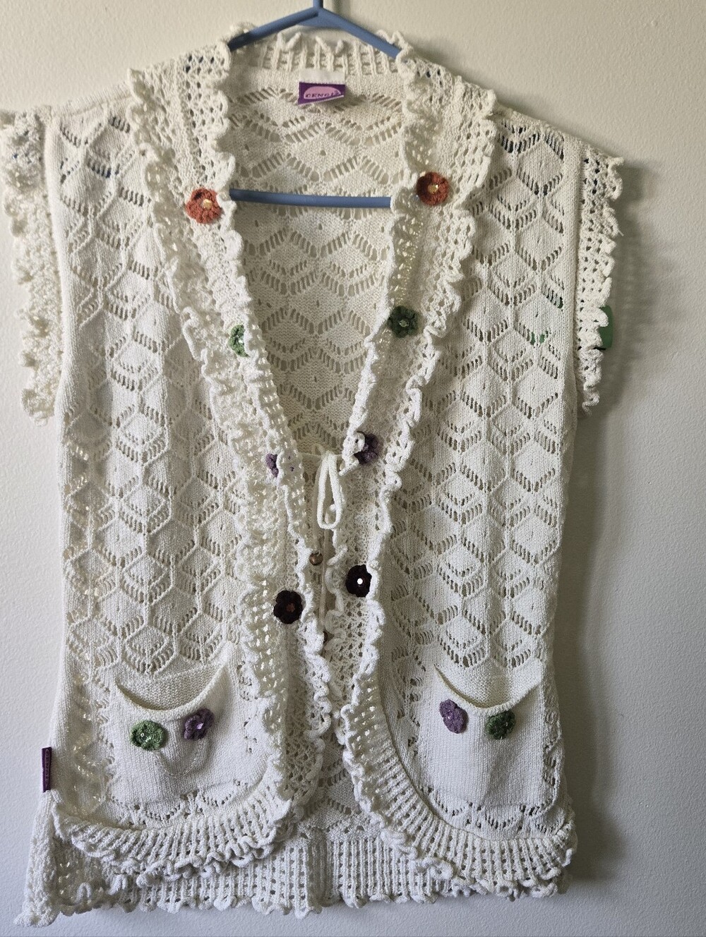 Vintage Y2K Boho Cream Crochet Knit Sleeveless Vest Sweater - Cengiz Triko Sz M